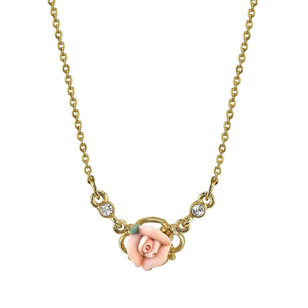 Downton Abbey Gold-Tone Pink Porcelain Rose Necklace 16" Adjustable
